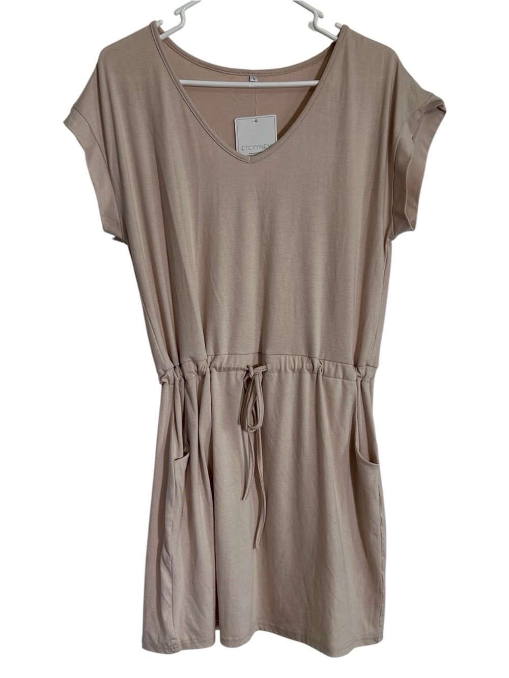 ETCYY NEW T-Shirt Dress Women’s L Taupe V-Neck Drawstring Waist Pocket Mini NWT